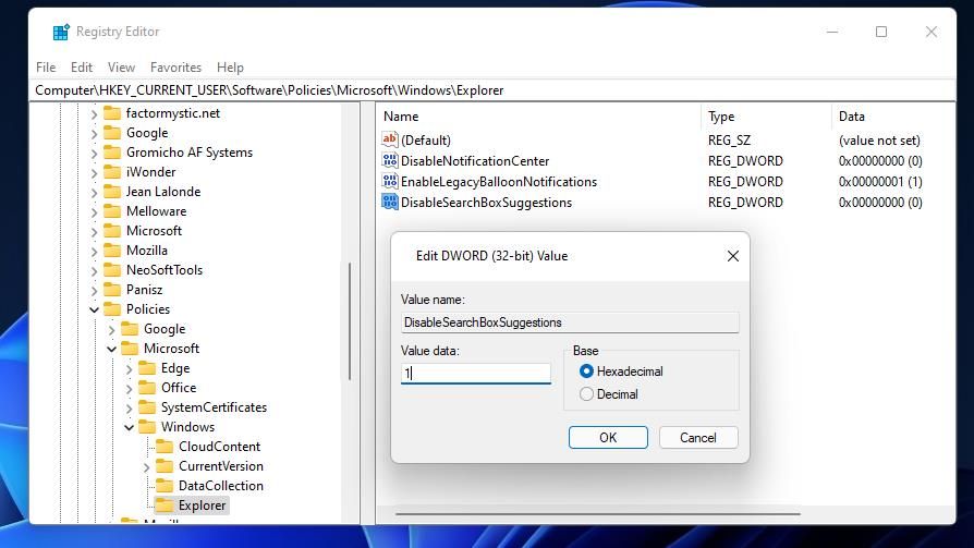 Disabling search suggestions from the Windows Registry Editor.