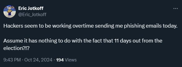 twitter x post detailing election phishing scams