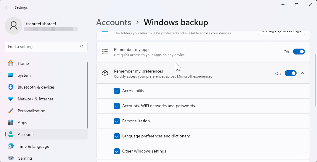 Windows backup settings in Windows 11