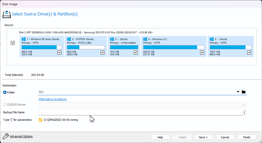 The Disk Image dialog in Macrium Reflect in Windows 11