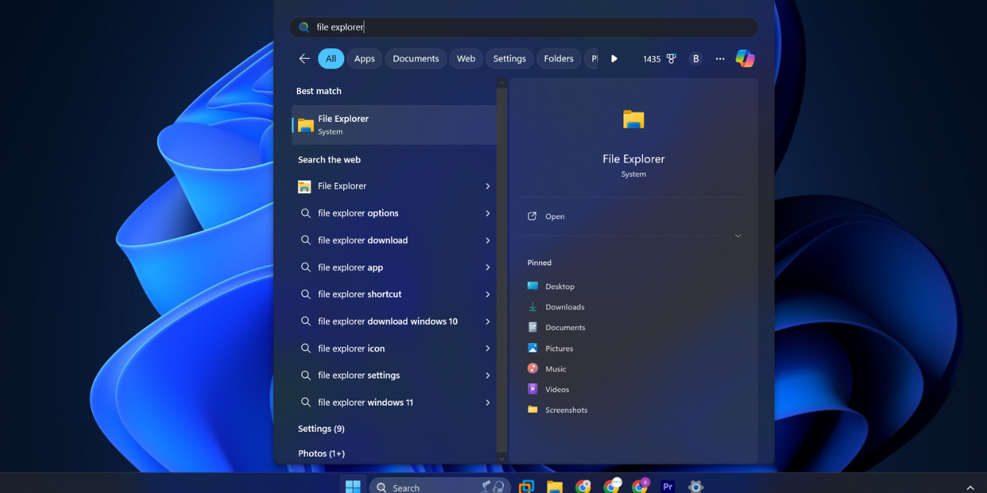 windows 11 start menu with file explorer search result